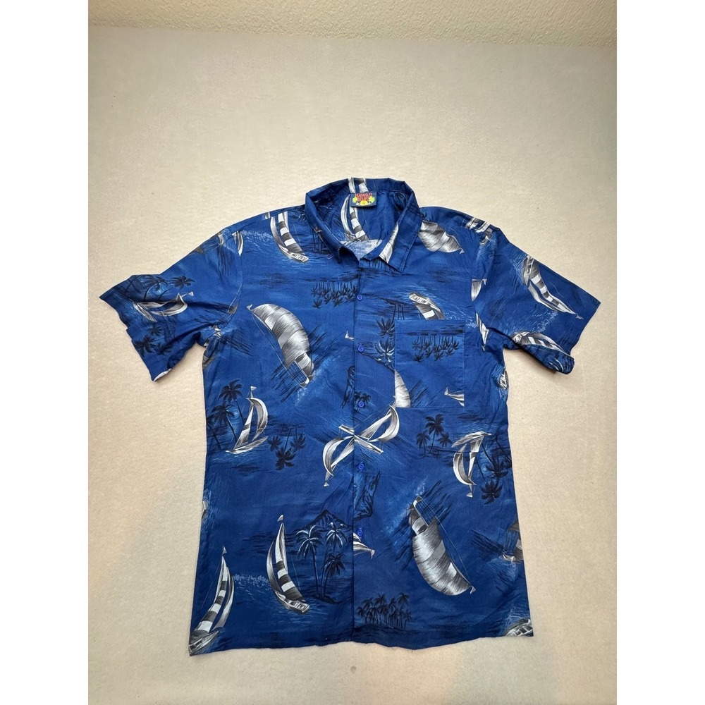 Hawaii Blues Mens Large Blue Sailboat Tropical Palm Tree Short Sleeve‎ Button